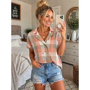 Pink Tan Plaid Cotton Linen Blouse Lightweight Button Front Size 8